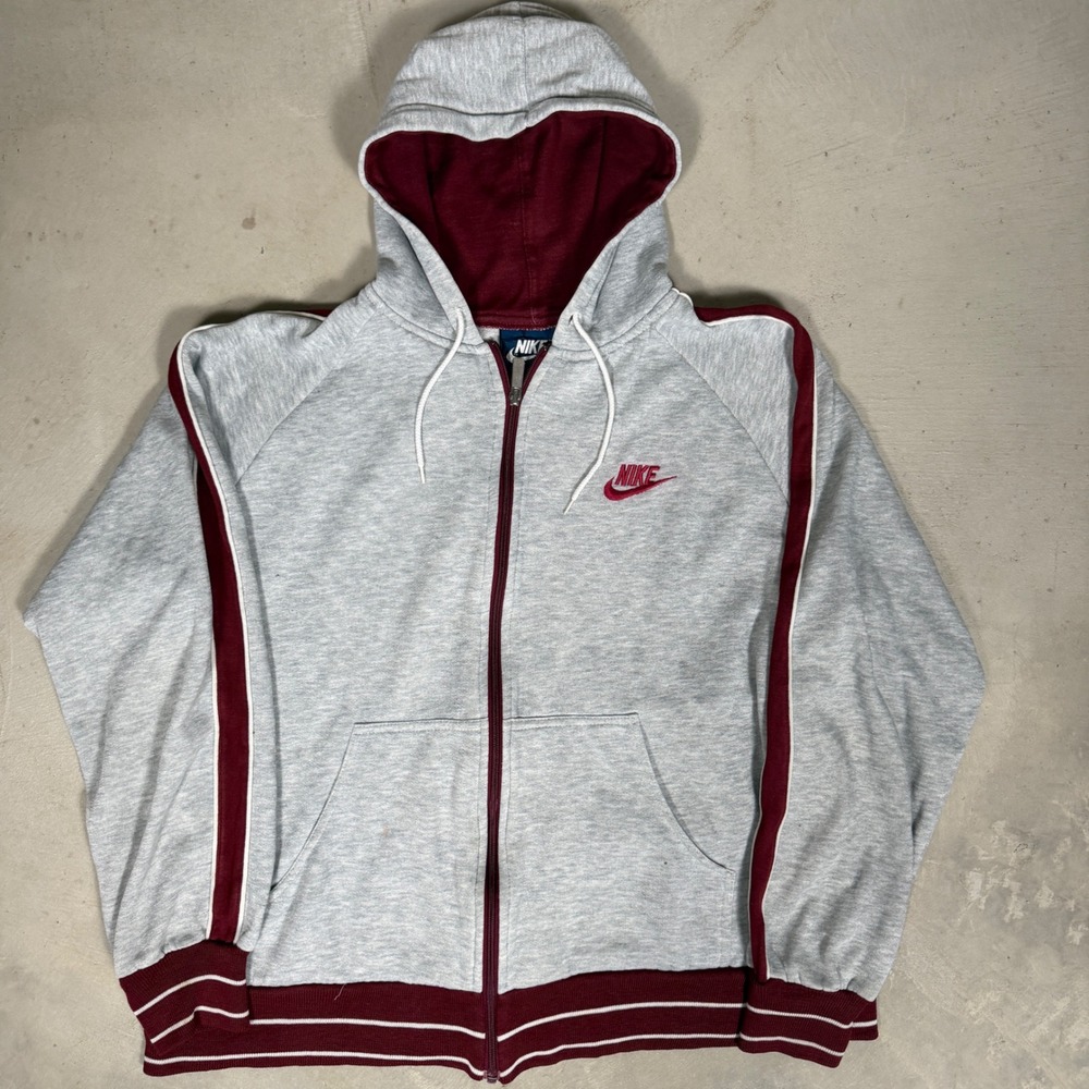 Vintage 80s Nike Full Zip Hoodie XL Grey Maroon Side Stripe Embroidered Mens